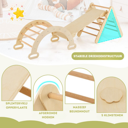 Trendmix 3 in 1 Houten Klimset voor Kinderen - Klimrek met Glijbaan - Klimdriehoek en Klimboog - Natuurlijk Hout