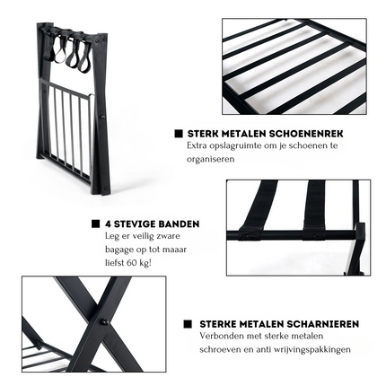 Trendmix Opvouwbaar Bagagerek Kofferstandaard - Bagagerek met Schoenenplank - Metaal Zwart 68 x 44 x 57 cm