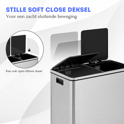 Trendmix RVS Afvalscheidingsprullenbak 2 x 30L - Prullenbak 60L Met Dubbele Compartimenten En Voetpedalen - Anti-Vingerafdruk