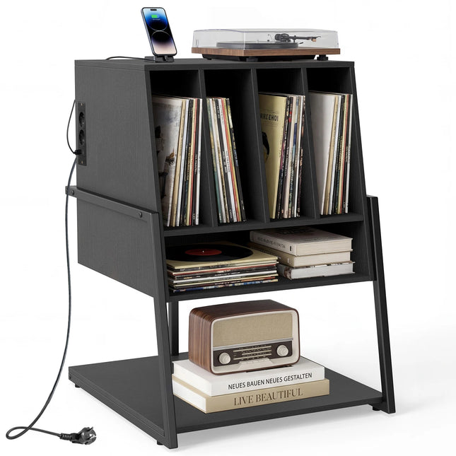 Platenspeler Meubel Zwart met LP Opbergkast – 4 Vinyl Vakken – Stopcontacten, USB &amp; USB-C – Met Wielen