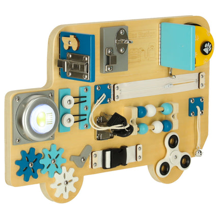 LULILO Buso Montessori Activity Bus XL – Houten Busyboard vanaf 1 Jaar – Sensorisch Educatief Speelgoed voor Baby’s en Peuters – Interactief Montessori Bord