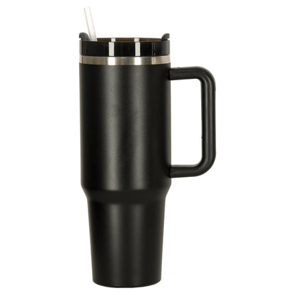 Thermosbeker 1200 ml met Rietje en Handgreep – Dubbelwandige RVS Drinkbeker – Lekvrij – Zwart