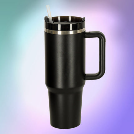 Thermosbeker 1200 ml met Rietje en Handgreep – Dubbelwandige RVS Drinkbeker – Lekvrij – Zwart
