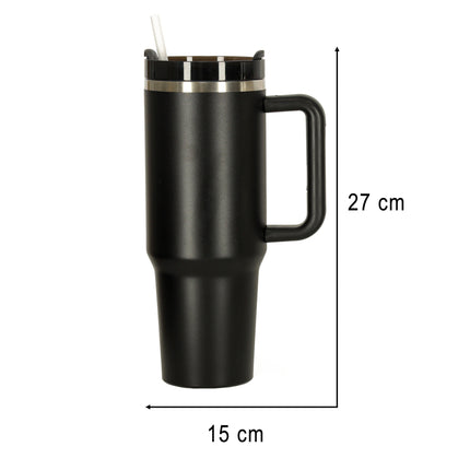 Thermosbeker 1200 ml met Rietje en Handgreep – Dubbelwandige RVS Drinkbeker – Lekvrij – Zwart