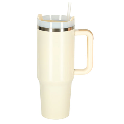 Thermosbeker 1200 ml met Rietje en Handgreep – Dubbelwandige RVS Drinkbeker – Lekvrij – Crème / Beige