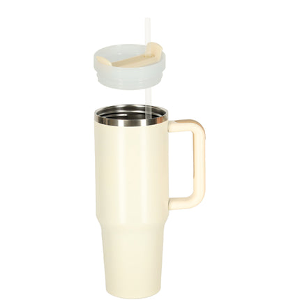 Thermosbeker 1200 ml met Rietje en Handgreep – Dubbelwandige RVS Drinkbeker – Lekvrij – Crème / Beige