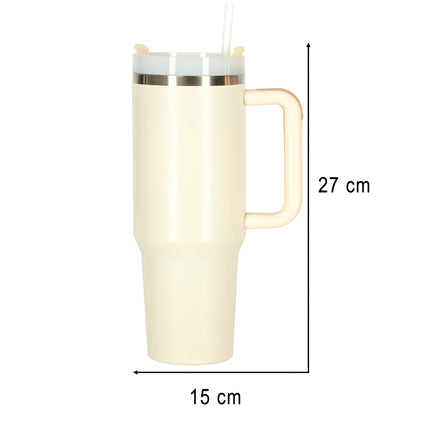 Thermosbeker 1200 ml met Rietje en Handgreep – Dubbelwandige RVS Drinkbeker – Lekvrij – Crème / Beige