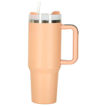 Thermosbeker 1200 ml met Rietje en Handgreep – Dubbelwandige RVS Drinkbeker – Lekvrij – Zalmroze