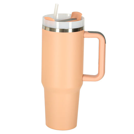 Thermosbeker 1200 ml met Rietje en Handgreep – Dubbelwandige RVS Drinkbeker – Lekvrij – Zalmroze