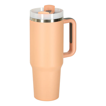 Thermosbeker 1200 ml met Rietje en Handgreep – Dubbelwandige RVS Drinkbeker – Lekvrij – Zalmroze