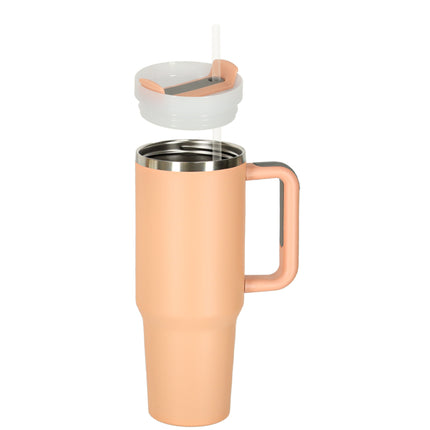 Thermosbeker 1200 ml met Rietje en Handgreep – Dubbelwandige RVS Drinkbeker – Lekvrij – Zalmroze