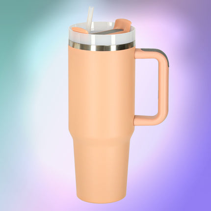 Thermosbeker 1200 ml met Rietje en Handgreep – Dubbelwandige RVS Drinkbeker – Lekvrij – Zalmroze
