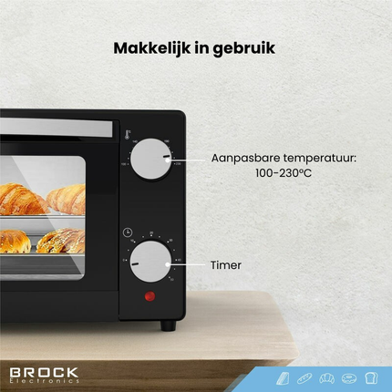 Brock Electronics Elektrische Mini Oven 9L 100-230 ℃ - Vrijstaande Oven - 650W - Zwart