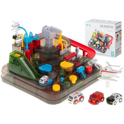 Car Adventure Interactieve speelgoed Autorace Parkeerplaats - LED-Verlichting - Ambulance, Brandweerwagen, Politieauto Helikopter