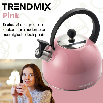 Trendmix Fluitketel Roze 2,5 Liter – Lichtgewicht RVS – Cool-Touch Handvat – Geschikt Voor Inductie, Gas En Alle Warmtebronnen