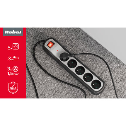 Verlengsnoer met stekkerdoos 5 voudig - schakelaar - overspanningsbeveiliging - 3 meter snoer 3x 1,5mm2 - penaarde - kinderbeveiliging
