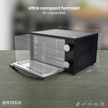 Brock Electronics Elektrische Mini Oven 9L 100-230 ℃ - Vrijstaande Oven - 650W - Zwart