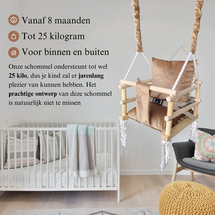 Luxe houten 3 in 1 beige bruine meegroei baby schommel en Kinder schommel – Baby swing – Schommel die meegroeit met je kindje - Schommelstoel - Schommels - Handgemaakt