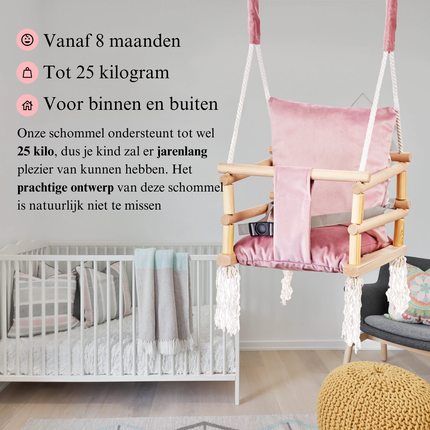 Luxe houten 3 in 1 roze meegroei baby schommel en Kinder schommel – Baby swing – Schommel die meegroeit met je kindje - Schommelstoel - Schommels - handgemaakt