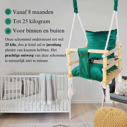 Luxe houten 3 in 1 groene meegroei baby schommel en Kinder schommel – Baby swing – Schommel die meegroeit met je kindje - Schommelstoel - Schommels - Handgemaakt