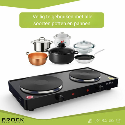 Brock Elektrische Kookplaat 2 Pits – 2500W – Compact Vrijstaand Fornuis Voor Thuis, Studio & Vakantie – Zwart