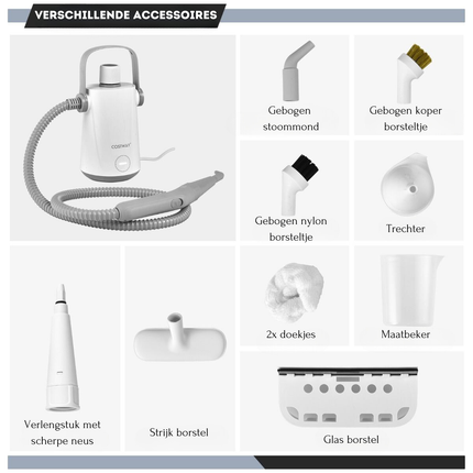 Costway Handstoomreiniger 1000 W - 300 ml Watercapaciteit - 10 Accessoiresets Stoomreiniger voor Tapijten Ramen Bekleding Grijs + Wit