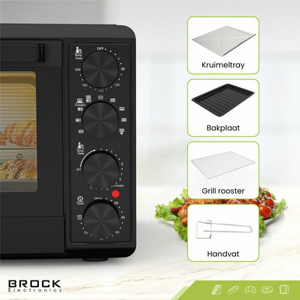 Brock Electronics Elektrische Mini Oven 50L Met 2 Keramische Kookplaten - Vrijstaande Convectie Oven Met Grill En 2 Kookplaten – 1800W - Zwart