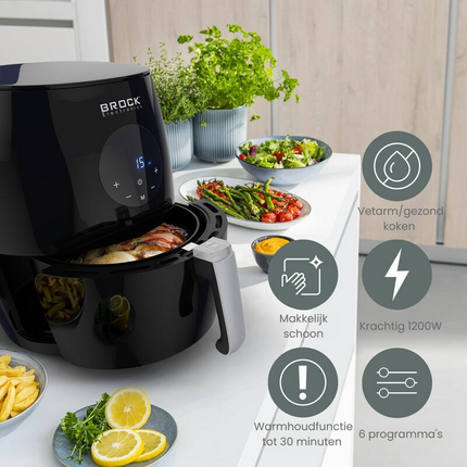 Brock Electronics Digitale Airfryer 3.5 Liter 1200W PFAS Vrij - Heteluchtfriteuse - Zwart - 6 Automatische Programma's