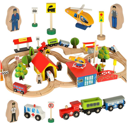 Houten Treinbaan 69-delig – Houten Treinset met Stad, Trein & Auto’s – Vanaf 3 Jaar