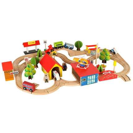 Houten Treinbaan 69-delig – Houten Treinset met Stad, Trein & Auto’s – Vanaf 3 Jaar