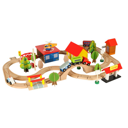 Houten Treinbaan 69-delig – Houten Treinset met Stad, Trein & Auto’s – Vanaf 3 Jaar
