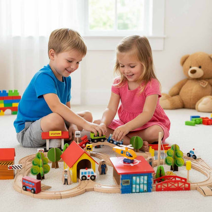 Houten Treinbaan 69-delig – Houten Treinset met Stad, Trein & Auto’s – Vanaf 3 Jaar