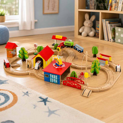 Houten Treinbaan 69-delig – Houten Treinset met Stad, Trein & Auto’s – Vanaf 3 Jaar