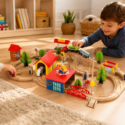 Houten Treinbaan 69-delig – Houten Treinset met Stad, Trein & Auto’s – Vanaf 3 Jaar