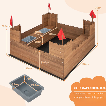 Trendmix Dennenhouten Kasteel Zandbak met Opbergvakken en Vlaggen 113 x 116 cm - Zandbak met Zitbank voor 1-2 Kinderen - Incl. Bodemafdekking - Vanaf 3 Jaar - Bruin