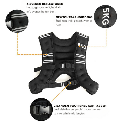 Trendmix Verstelbaar Gewichtsvest Weight vest 5 kg Sportvest - Reflectoren - Verstelbanden Zwart