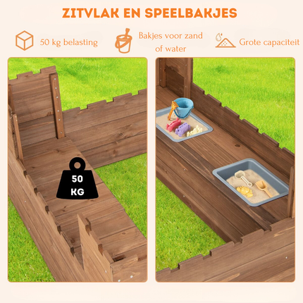 Trendmix Dennenhouten Kasteel Zandbak met Opbergvakken en Vlaggen 113 x 116 cm - Zandbak met Zitbank voor 1-2 Kinderen - Incl. Bodemafdekking - Vanaf 3 Jaar - Bruin