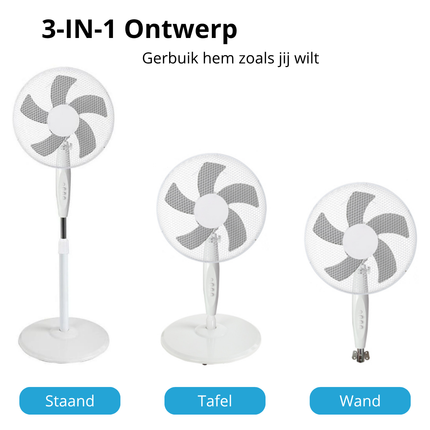 Elite 3-in-1 Ventilator 40 cm  – Staande Ventilator – Tafelventilator – Wandventilator – 55W – Wit