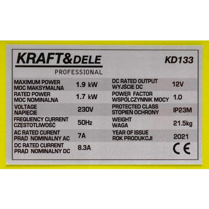Kraft & Dele KD133 Professionele Inverter Generator Benzine 4-Takt met Stroomstabilisatie 1700 - 1900 Watt - DC 12V en 2x 230V - Stroomgenerator