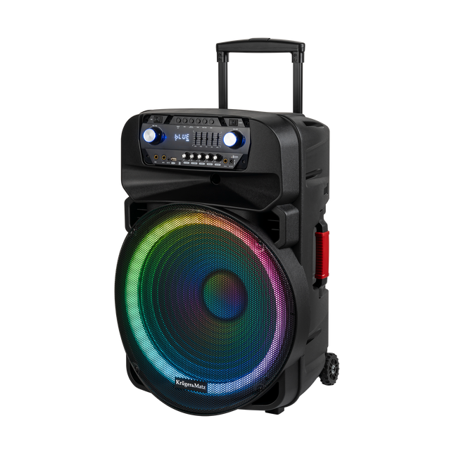 Krüger & Matz KM1718 Mobiele Actieve Luidspreker Party Speaker Box LED ring (met 2 UHF draadloze microfoons, SD, Bluetooth, FM, USB) 60 Watt zwart