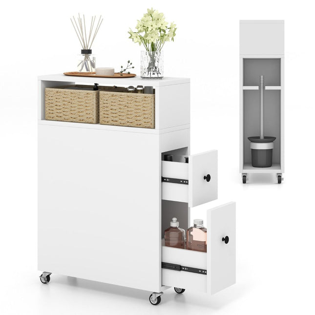 Trendmix Smalle badkamerkast Met wielen 50 x 19 x 72 cm Wit - Verrijdbare Opbergkast Met 2 Schuifladen En 2 Rotanmanden - Mobiel Badkamerplank