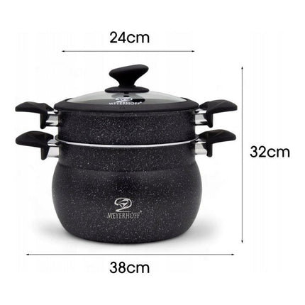 Meyerhoff Professionele 3-delige Stoompan Steamer 9L Marmer - Geschikt Voor Alle Warmtebronnen - ∅ 24 cm - Stoomkookpan