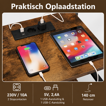 Platenspeler Meubel met 2 Geïntegreerde stopcontacten en USB – Vinyl Opbergkast – LP Kast met 3 Haken – Industrieel Bruin/Zwart