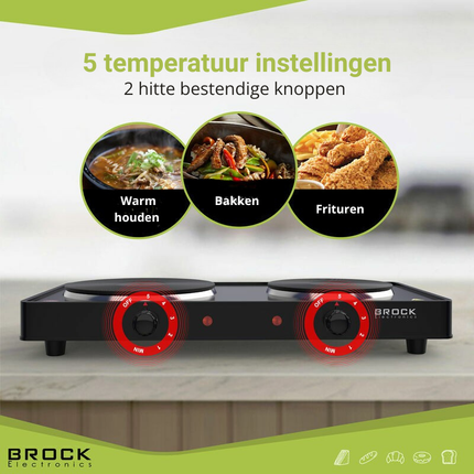 Brock Elektrische Kookplaat 2 Pits – 2500W – Compact Vrijstaand Fornuis Voor Thuis, Studio & Vakantie – Zwart