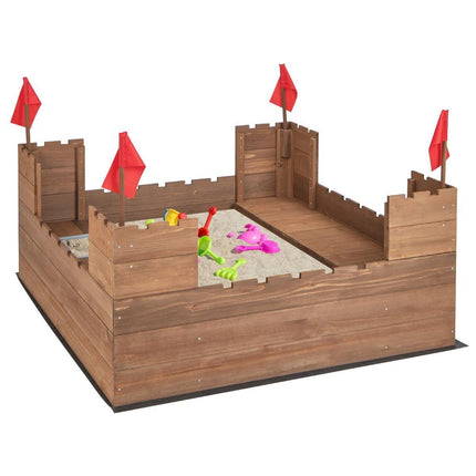 Trendmix Dennenhouten Kasteel Zandbak met Opbergvakken en Vlaggen 113 x 116 cm - Zandbak met Zitbank voor 1-2 Kinderen - Incl. Bodemafdekking - Vanaf 3 Jaar - Bruin