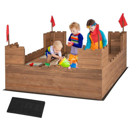 Trendmix Dennenhouten Kasteel Zandbak met Opbergvakken en Vlaggen 113 x 116 cm - Zandbak met Zitbank voor 1-2 Kinderen - Incl. Bodemafdekking - Vanaf 3 Jaar - Bruin