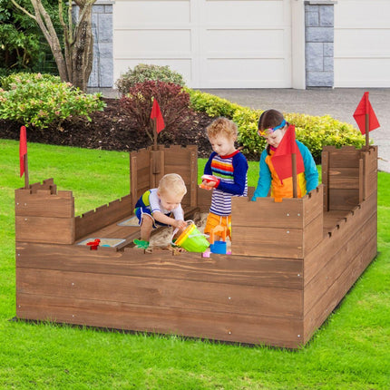 Trendmix Dennenhouten Kasteel Zandbak met Opbergvakken en Vlaggen 113 x 116 cm - Zandbak met Zitbank voor 1-2 Kinderen - Incl. Bodemafdekking - Vanaf 3 Jaar - Bruin