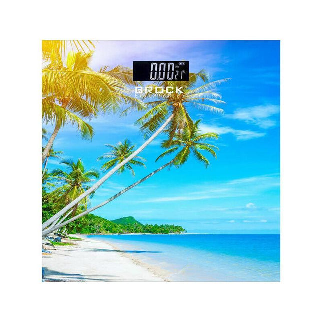 Brock Digitale Personenweegschaal met Tropische Strandprint – 30×30 cm – 180 kg – LCD Display – Automatische Inschakeling – Inclusief Batterijen