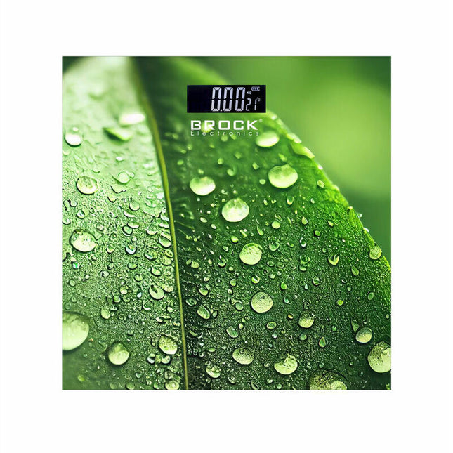 Brock BS‑003 Digitale Personenweegschaal – 30 × 30 cm – 180 kg – Stijlvol Blad‑motief – Helder Verlicht Display – Inclusief 2x AAA Batterijen – Eenvoudige Eén‑stap Weegfunctie