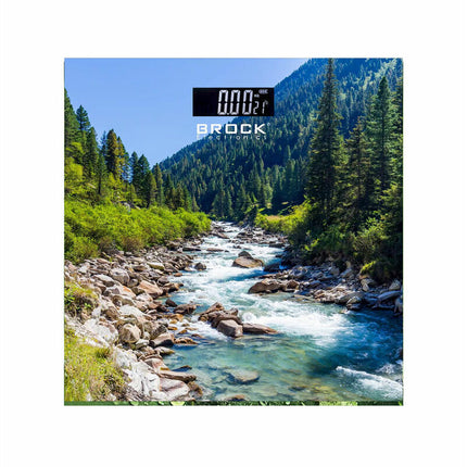 Brock Digitale Personenweegschaal – Rivier en Bergen Print – 30×30 cm – Tot 180 kg – LCD Display – Automatisch Inschakelen – Inclusief Batterijen